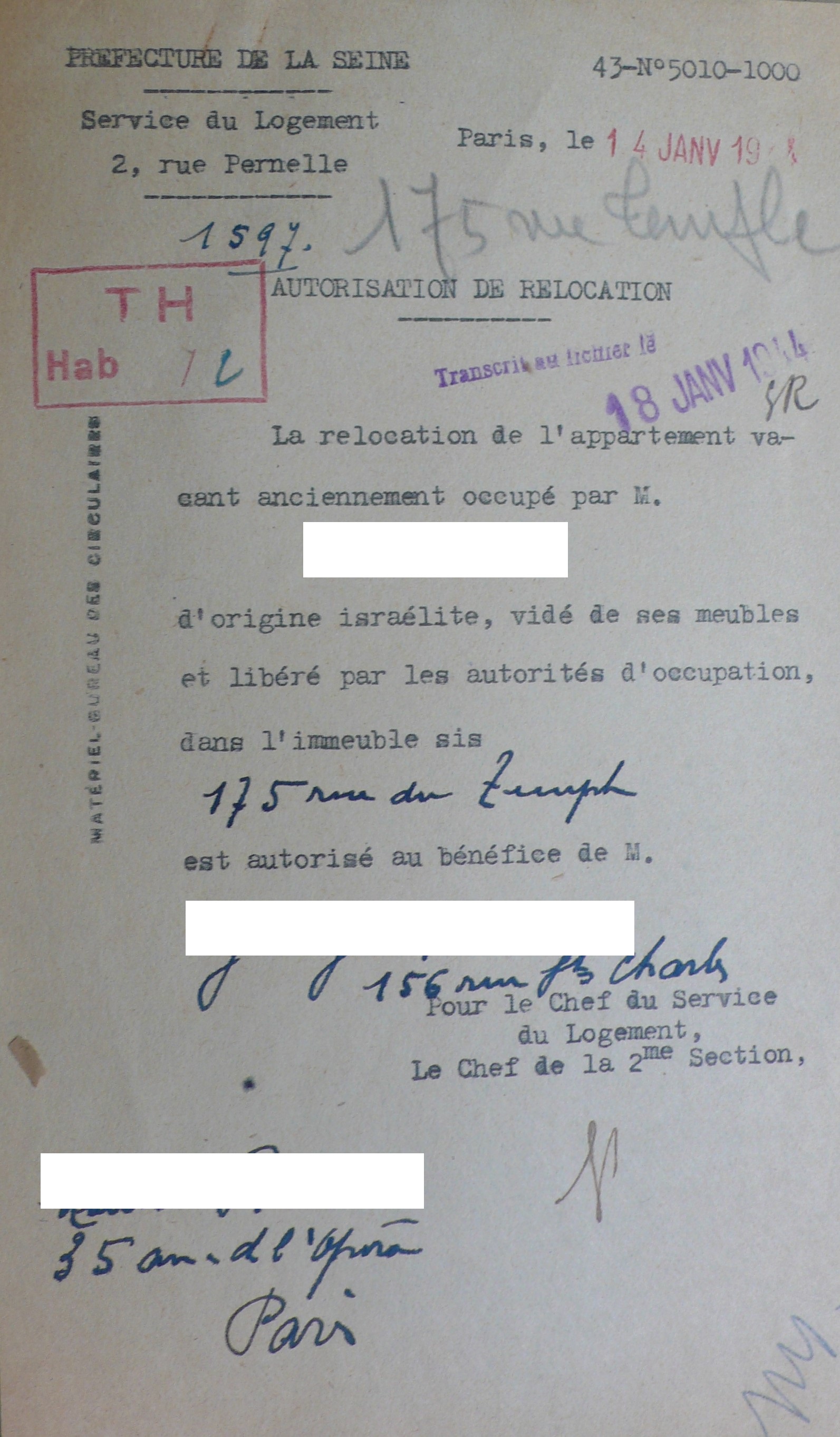 The authorization of relocation of the flat situated at 175 rue du Temple, 14 January 1944.