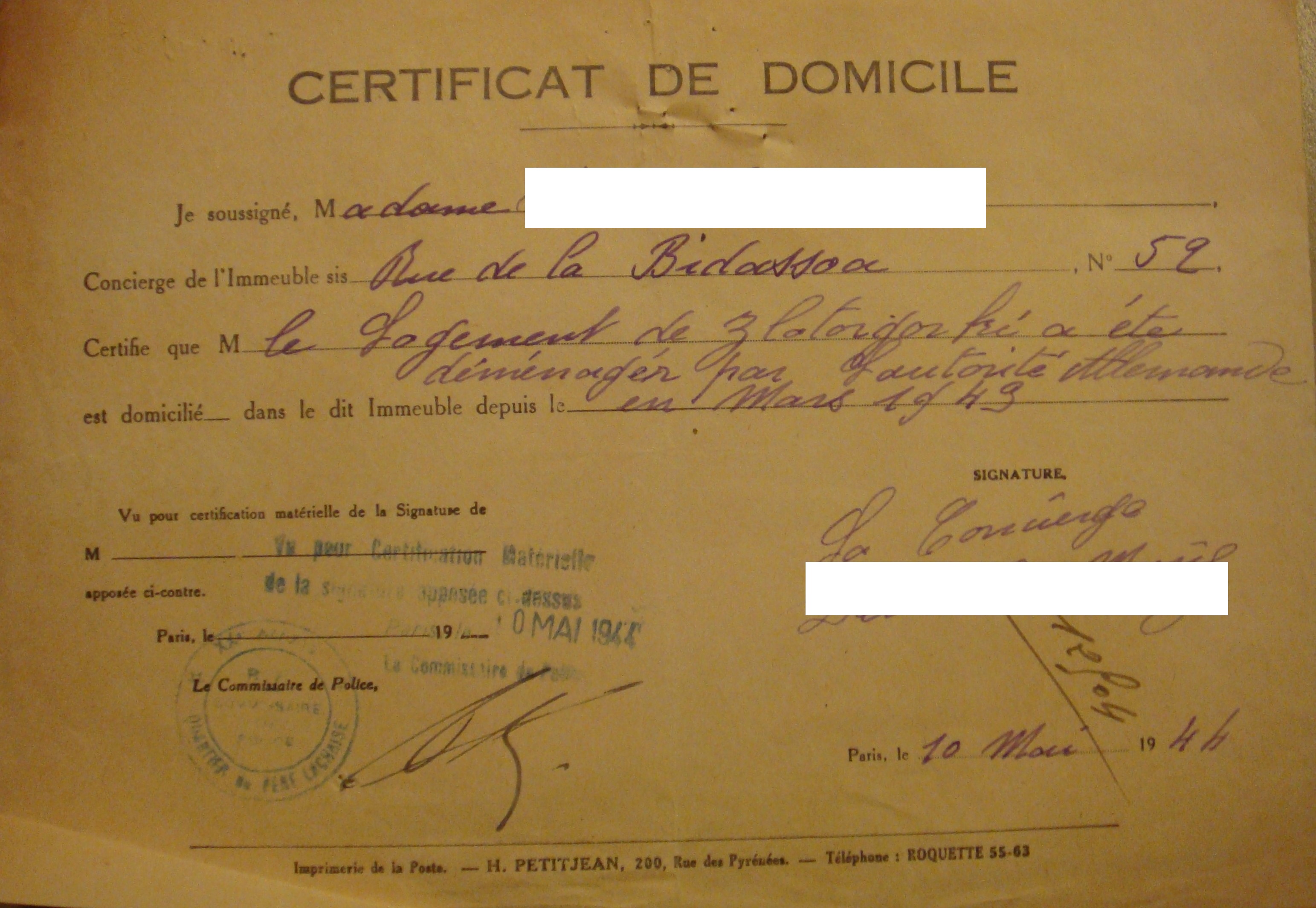 Les concierges font partie du circuit d'information qui fait circuler les appartements, et les formulaires de certificat de domicile sont détournés de leur fonction première, 10 mai 1944.