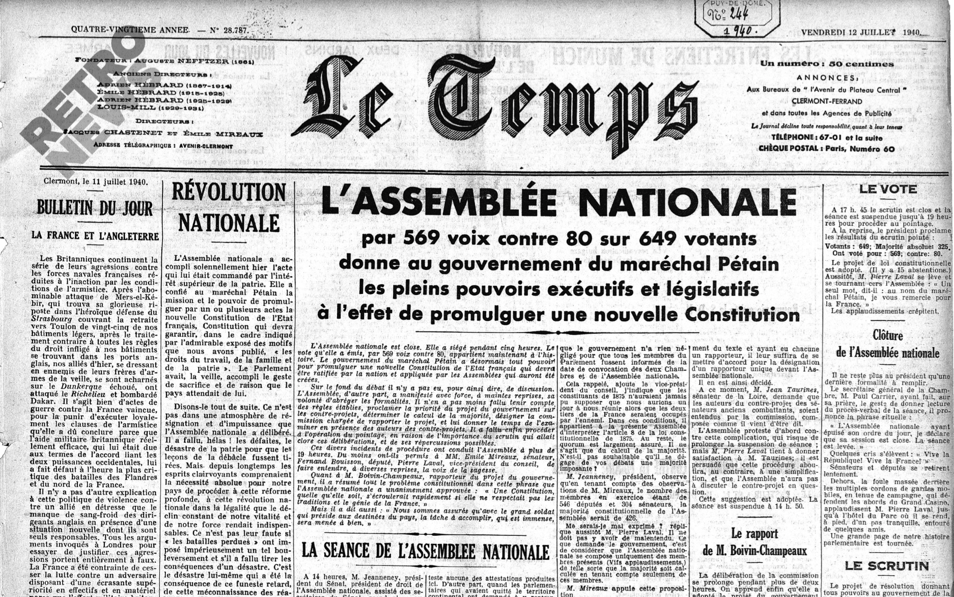 Le Temps, 12 juillet 1940 Le Temps, 12 juillet 1940
