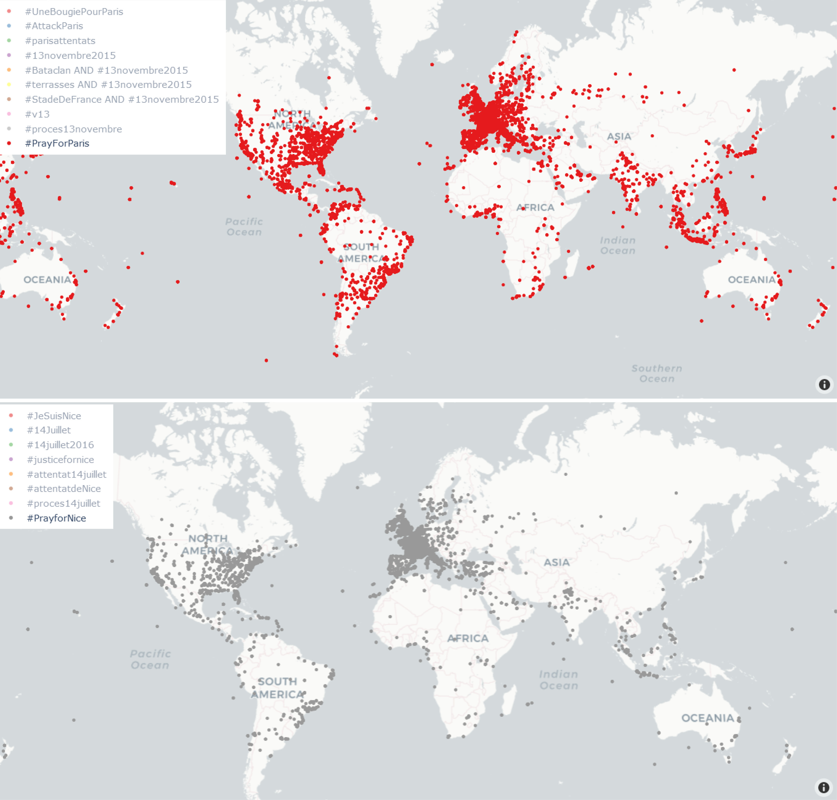Figure 2. Origine des tweets géolocalisables. 1. #PrayforParis. 2. #PrayforNice. Réalisation: Zacharie Behel Figure 2. Origine des tweets géolocalisables. 1. #PrayforParis. 2. #PrayforNice. Réalisation: Zacharie Behel