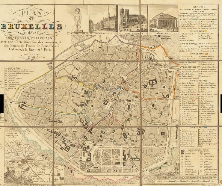 Plan de Bruxelles et de ses monuments principaux, avec une carte itinéraire des environs, et des routes de postes de Bruxelles à Ostende, à la Haye et à Paris, 1830. Plan de Bruxelles et de ses monuments principaux, avec une carte itinéraire des environs, et des routes de postes de Bruxelles à Ostende, à la Haye et à Paris, 1830.