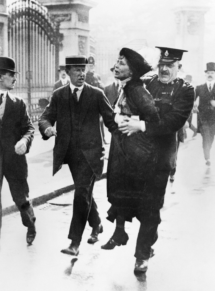 Emmeline Pankhurst, one of the leaders of the suffragette movement, is being arrested in front of the Buckingham palace as she was trying to present a petition to the king George V, in May 1914 