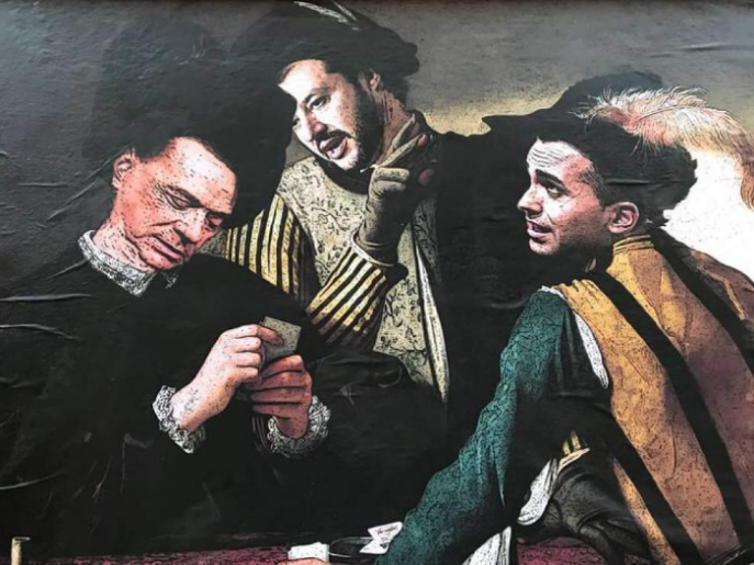 Salvini, Di Maio et Berlusconi dans la peau des "Tricheurs" de Caravage.