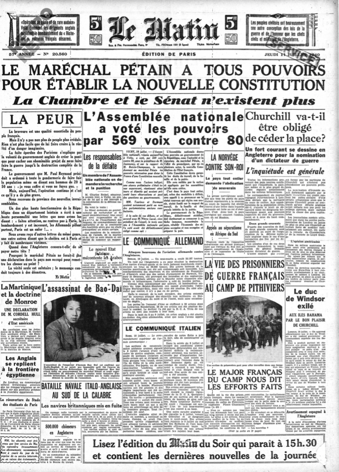 Le Matin, édition du 11 juillet 1940 Le Matin, édition du 11 juillet 1940