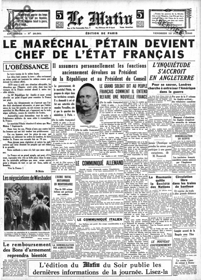 Le Matin, édition du 12 juillet 1940 Le Matin, édition du 12 juillet 1940