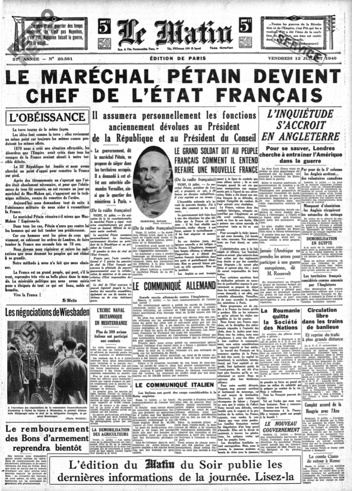 Le Matin, édition du 12 juillet 1940