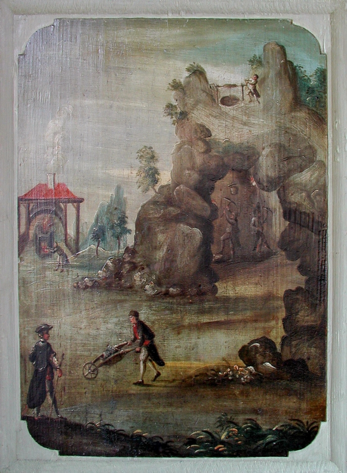 the paintings decorating two doors in the "Old Pharmacy" in Calw, in their original arrangement. Here Fig. 2d: mining and metallurgy: regnum minerale, 71,5*52cm the paintings decorating two doors in the "Old Pharmacy" in Calw, in their original arrangement. Here Fig. 2d: mining and metallurgy: regnum minerale, 71,5*52cm