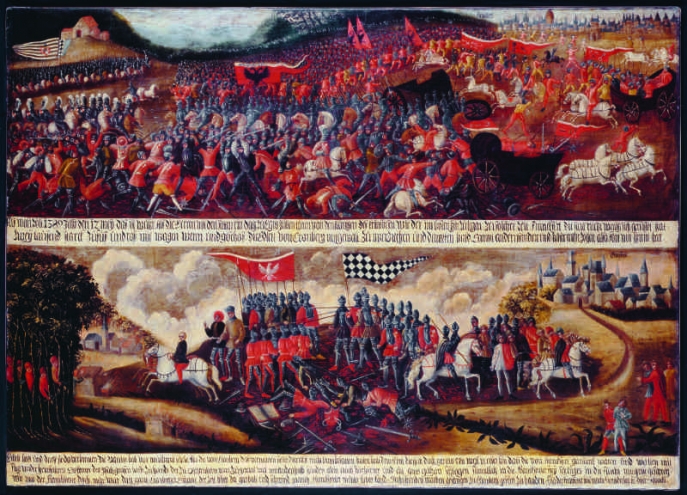 Représentation d’une bataille pendant la faide dite de Kronstadt en 1389 (anonyme, huile sur bois, autour de 1500, Historisches Museum Frankfurt).