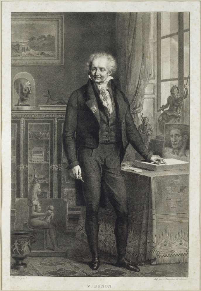 René-Théodore Berthon d’après Jean-Baptiste Mauzaisse, Le Baron Vivant-Denon dans son bureau au milieu de sa collection, lithographie, vers 1810 René-Théodore Berthon d’après Jean-Baptiste Mauzaisse, Le Baron Vivant-Denon dans son bureau au milieu de sa collection, lithographie, vers 1810