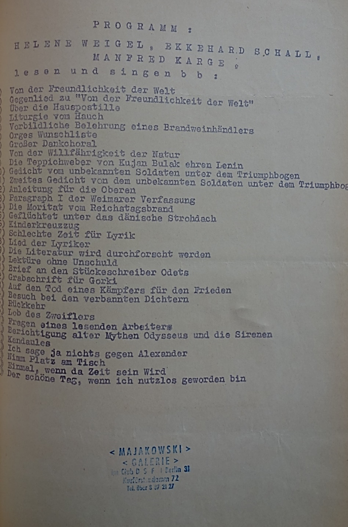 Programme de la soirée en l’honneur de Brecht à Berlin-Ouest avec des membres du Berliner Ensemble (20 et 26 février 1970)