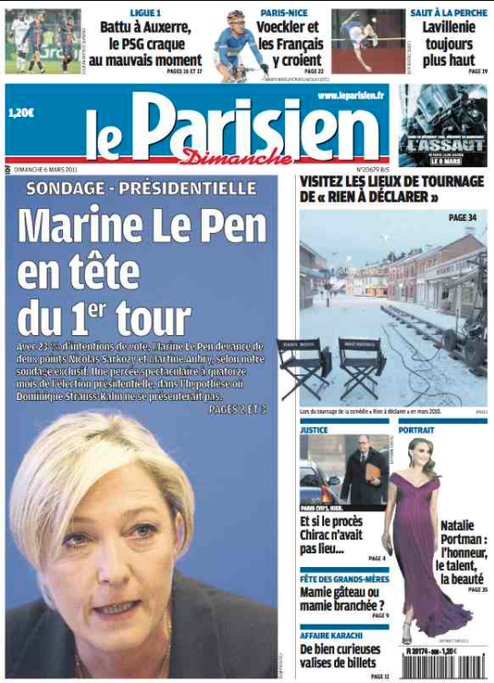 "Marine Le Pen en tête du 1er tour", Le Parisien "Marine Le Pen en tête du 1er tour", Le Parisien