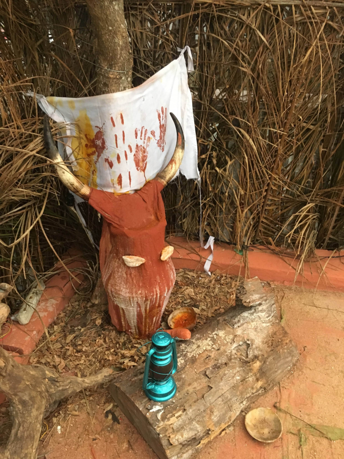 Installation vodun autour de l’arbre d’Iroko. On peut y déceler le drap rouge teinté de faux sang, la tête de bovidé et la référence à la divinité Legba, Cotonou, 1er août 2018, Mihena Maamouri 