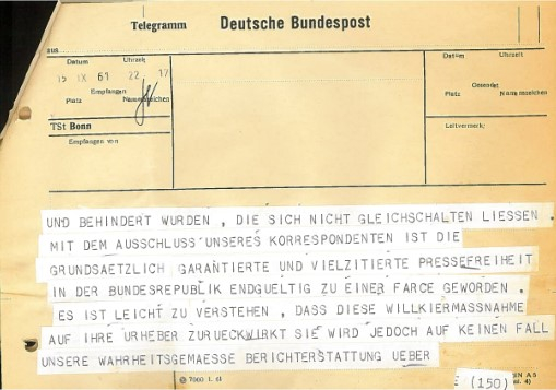Télégramme de protestation de la télévision publique de la RDA Deutschlandsender (15 septembre 1961) Télégramme de protestation de la télévision publique de la RDA Deutschlandsender (15 septembre 1961)