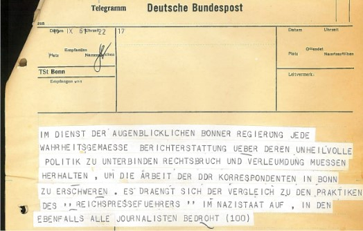 Télégramme de protestation de la télévision publique de la RDA Deutschlandsender (15 septembre 1961) Télégramme de protestation de la télévision publique de la RDA Deutschlandsender (15 septembre 1961)