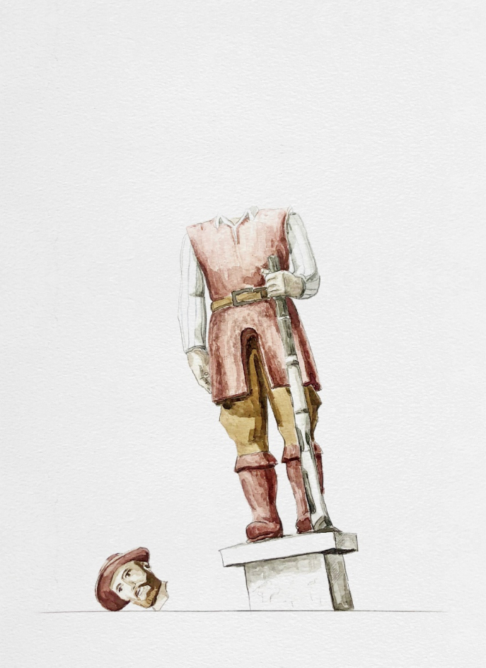 Estátua de Borba Gato, tombando e com a cabeça ao chão. Estátua de Borba Gato, tombando e com a cabeça ao chão.