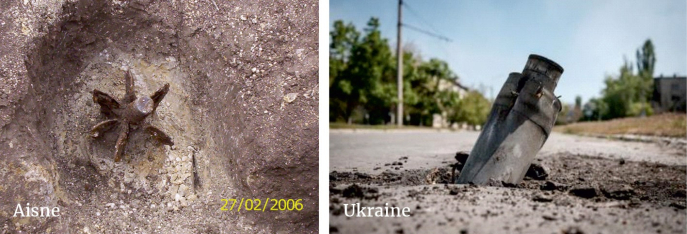 Munitions tirées non explosées dans l’Aisne (Première Guerre mondiale) et en Ukraine.  Avec l’autorisation de Cardem-Pyro à gauche et Yasuyoshi Chiba/AFP à droite