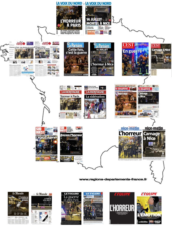 Figure 1. Unes de presse au lendemain des attentats du 13 novembre 2015 et du 14 juillet 2016. Figure 1. Unes de presse au lendemain des attentats du 13 novembre 2015 et du 14 juillet 2016.