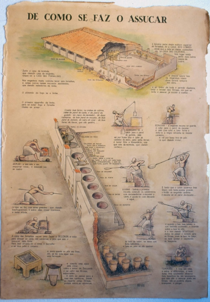 An illustration of the use of copper pots for boiling sugar cane juice.    Source: Léandro Vilar, “O engenho e o fabrico do açúcar no Brasil colonial,” seguindopassoshistoria.blogspot.com, 3 December 2013.