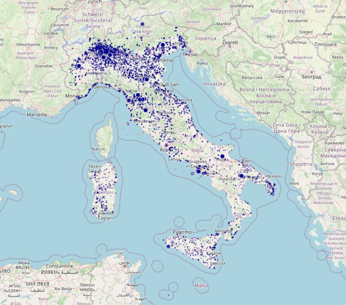 Frequency of the martyr’s name within Italian cities. Source: OpenStreetMap. Link: http://u.osmfr.org/m/972276/ Frequency of the martyr’s name within Italian cities. Source: OpenStreetMap. Link: http://u.osmfr.org/m/972276/