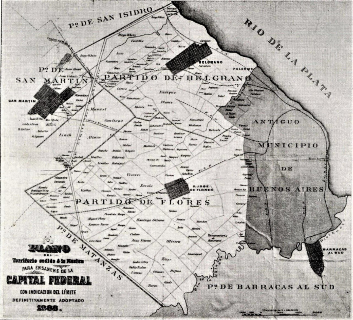 Plano del ensanche de la Capital Federal (1888). Mapoteca Museo Mitre. Hacia 1920, la mancha urbana había cubierto más de la mitad de los nuevos territorios. Plano del ensanche de la Capital Federal (1888). Mapoteca Museo Mitre. Hacia 1920, la mancha urbana había cubierto más de la mitad de los nuevos territorios.