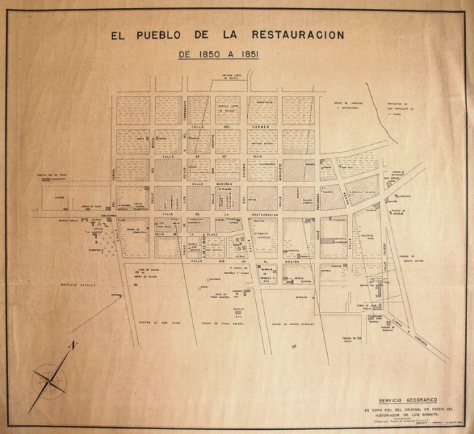 Plan del pueblo Villa Restauración hacia 1850. Copia del que perteneció al historiador Luis Bonavita, realizado en base al original de José María Reyes. Plan del pueblo Villa Restauración hacia 1850. Copia del que perteneció al historiador Luis Bonavita, realizado en base al original de José María Reyes.