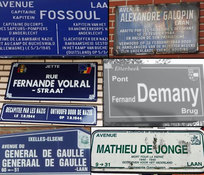 Exemple de plaques évoquant la Seconde Guerre mondiale, photos 2022-2023. © Chantal Kesteloot Exemple de plaques évoquant la Seconde Guerre mondiale, photos 2022-2023. © Chantal Kesteloot