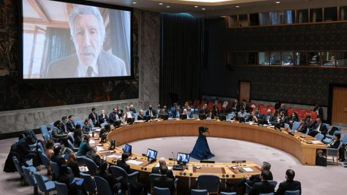 Roger Waters durant son allocution aux Nations Unies. Crédit EPA/TASS Roger Waters durant son allocution aux Nations Unies. Crédit EPA/TASS