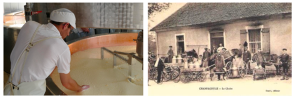 De gauche à droite : L’artisan fromager attend le moment pour recueillir le caillé (© Jean-Claude Uzzeni) ; cultivateurs collectant le lait pour la fruitière, Champagnole, 1901 (© Antoine Bérodier). De gauche à droite : L’artisan fromager attend le moment pour recueillir le caillé (© Jean-Claude Uzzeni) ; cultivateurs collectant le lait pour la fruitière, Champagnole, 1901 (© Antoine Bérodier).