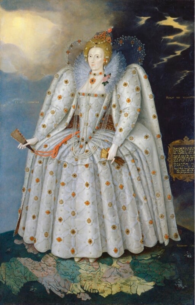 portrait d'élisabeth 1er, peiture, avec des carte en fond